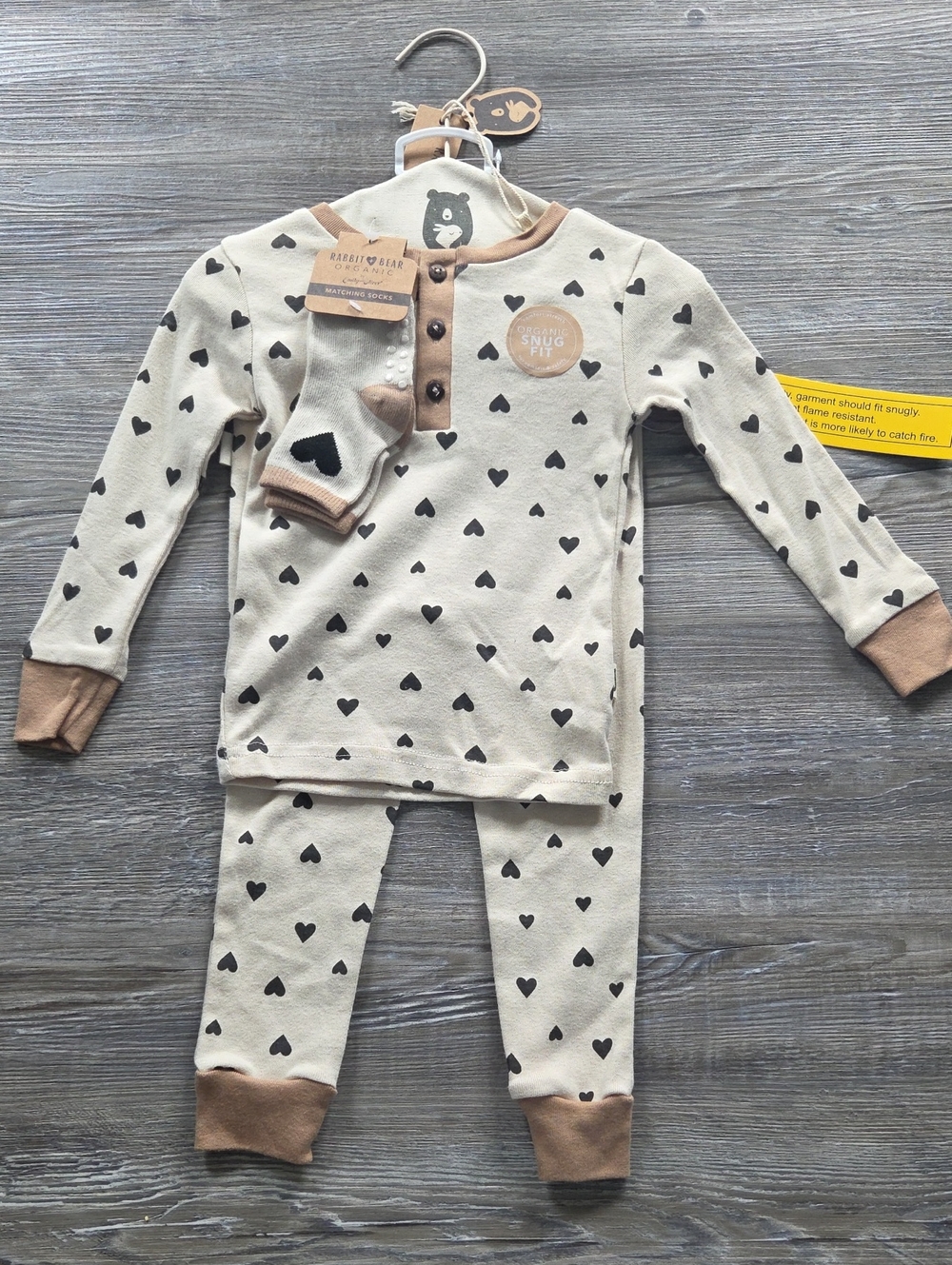 Kids Organic Snug-Fit Heart Print Pajama Set - Beige/Brown 2T